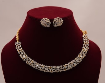 Luxury CZ Diamond Necklace Set with Stud Earrings/Statement Necklace For Bride/Festive & Wedding Jewelry/Gift For Her/Free Express Delivery