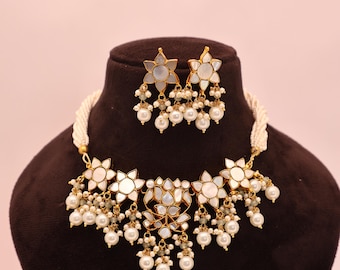 Luxury Bridal Mother of Pearl Choker Set For Women/Traditional Set With Elegant Earrings/Gold-Plated Indian Jewelry/Free Express Delivery