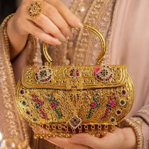 Vintage gold Tone Antique Oxidized golden Potli Bag/Bohemian Kundan Polki Embellished Metal Purse/Traditional Clutch/Festive Accessory