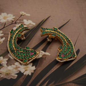 Handgemaakte minakari-vissen earcuff-oorknopjes/statementstekers/groene stenen/handgemaakte Indiase sieraden/bollywood-oorbel/gratis expreslevering