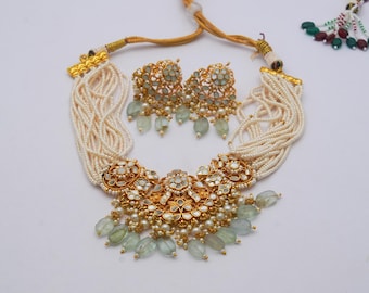 Royal Antique Gold Finish (MOP) Choker Necklace With Matching Studs /Traditional Bridal Jewelry/Wedding Gift For Women/Free Express Delivery
