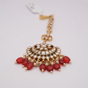 Etnische Indiase bruids Jadau Kundan Maang Tikka met rode kralen drop/Feestelijke etnische sieraden/Indiase voorhoofdsieraden/Gratis expreslevering