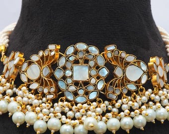 Elegant(MOP) Bridal Choker Set With Matching Studs/Handmade Traditional Wedding Jewelry/Festive Jewelry/Gift For Women/Free Express Delivery