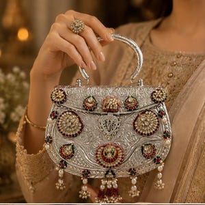 Traditional Silver Tone Antique Oxidized Silver Potli Bag/Bohemian Kundan Polki Embellished Metal Purse/Traditional Clutch/Festive Accessory