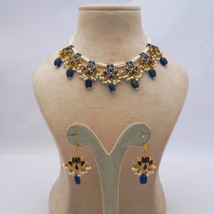 Koningsblauwe kundansteen ketting set/Indiase etnische choker sieraden met oorbellen/vergulde blauwe kralen set voor vrouwen /Gratis expreslevering