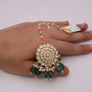 Ethnic Indian Bridal Jadau Kundan Maang Tikka With Green Beads/Traditional Indian Wedding Headpiece/Polki Style Set/ Free Express Delivery