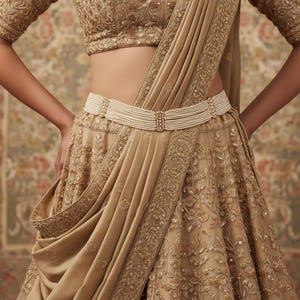 May include: A gold-colored, embroidered formal outfit. The outfit includes a cropped top, a skirt, and a draped fabric. A white beaded belt cinches the waist. The outfit is adorned with intricate floral embroidery.