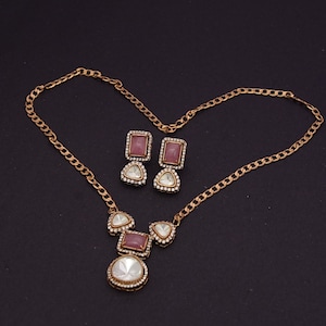 Diamanten polki-ketting set met hanger/Indiase goudkleurige bruidspolki-sieraden/handgemaakte hanger met oorbellen/gratis expreslevering