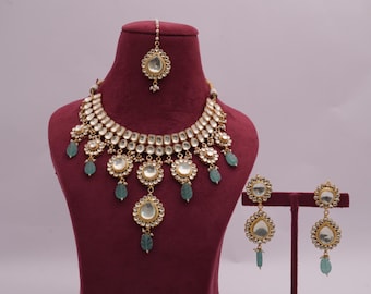 Kundan Polki Jewelry Set, Traditional Jewelry Set For Bridal, Necklace, Earrings, Tika, Elegant Indian Jewelry, Free Express Delivery
