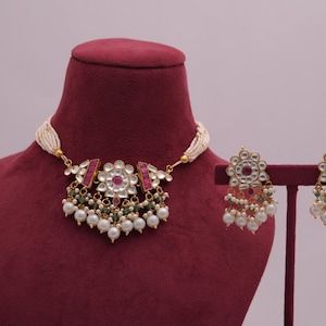 Handgemaakte Kundan-chokerset met parel/ Indiase kundan-chokerset met mooie oorbellen/ Indiase parelchoker met rode steen/gratis expreslevering