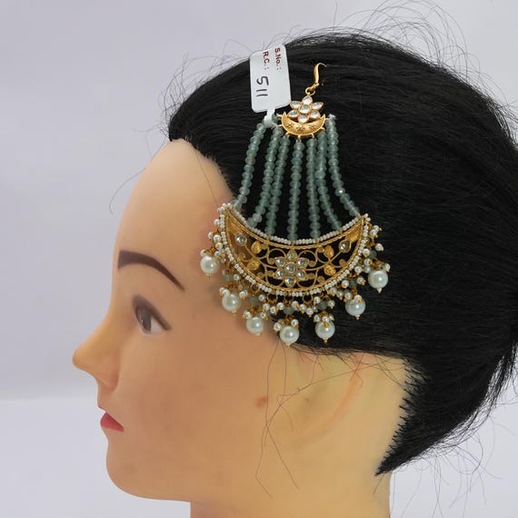 Bridal Kundan Passa With Green Beads/ethnic Indian Jhoomar Tikka