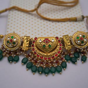 Traditional South Indian Bridal Choker Set/Indian Jewelry Set/Antique Gold Plated Necklace with Green Beads & Earrings/Free Express Delivery