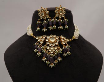 Kundan Beaded Choker Set with Purple Beads & Pearl Strings/Traditional Indian Jewelry/Rajasthani Bridal Jewelry Set/Free Express Delivery