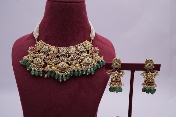 Antique Gold Kundan Bridal Choker Set With Matching Jhumka Earrings/Green Beaded & Pearls/Gold Plated Wedding Jewelry/Free Express Delivery