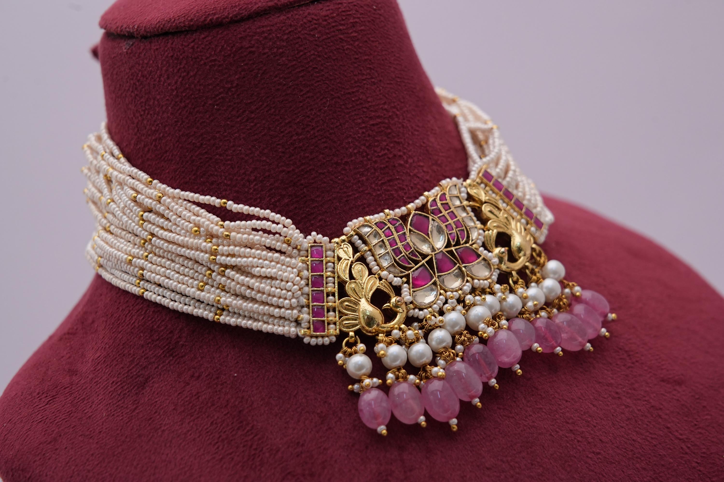 Royal Kundan Bridal Choker Set With Pink Stones/Indian Wedding Jewelry /Ethnic Choker Set/Bold And Beautiful Earrings/ Free Express Delivery