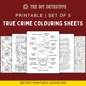 Puede incluir: Un conjunto de cinco hojas para colorear imprimibles sobre crímenes reales. Las hojas presentan ilustraciones de esqueletos, calaveras, libros, llaves y diagramas anatómicos. El texto de la imagen dice "THE DIY DETECTIVE" y "TRUE CRIME COLOURING SHEETS".