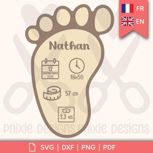 Faire-part pied de bébé personnalisable – Fichier de découpe digital (SVG, DXF, PNG, Pdf)