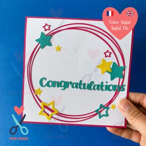 Fichier carte félicitations bilingue à découper, Silhouette et Cricut DIY scrapbooking SVG