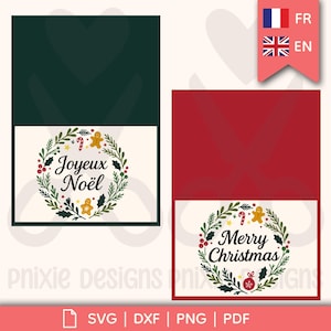 Carte couronne de Noël – Fichier de découpe digital | Digital Cutting File – Christmas wreath card (SVG, PNG, DXF, Pdf)