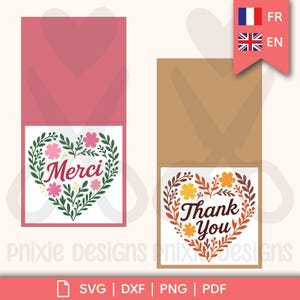 Carte “Merci / Thank You” – Fichier de découpe floral en forme de cœur (SVG, DXF, PNG, Pdf)