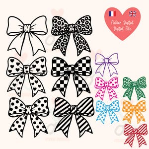 Lot de Nœuds Messy Coquette à Motifs, coeur, rayures, léopard, carreaux, poids ...  Fichier de découpe digital SVG