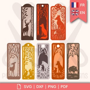 Lot de 8 marque-pages forêt à découper Fichier numérique SVG PDF PNG Dxf pour Cricut Silhouette ScanNcut laser Animaux sauvages style nature