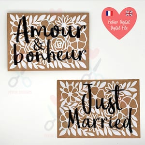 Carte de mariage “Amour & Bonheur” + “Just Married”, Fichier de découpe digital SVG, Cricut, Silhouette, ScanNcut