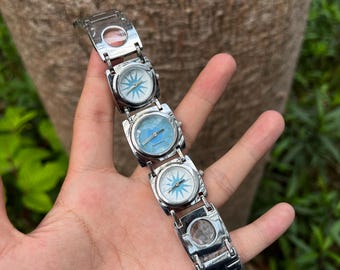 Vintage Triple Dial Bracelet Watch, Retro Blue Starburst Faces, Y2K Statement Jewelry