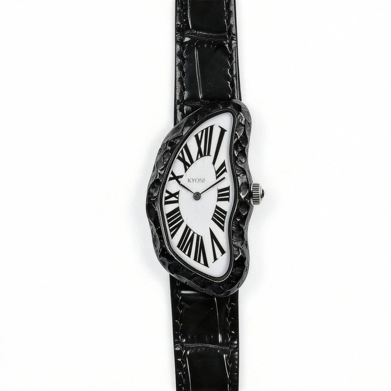 May include: A unique wristwatch with a black leather band and a distorted, irregular-shaped black watch face. The white watch face features black Roman numerals and the brand name "KYOSI". The watch has a small silver crown.