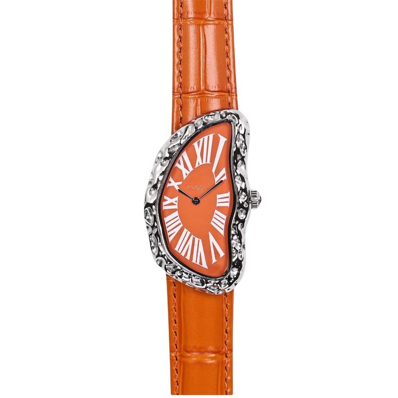 May include: Orange leather watch with a unique, asymmetrical face. The watch face is orange with white Roman numerals and a silver-colored bezel. The watch band is orange with a crocodile texture.