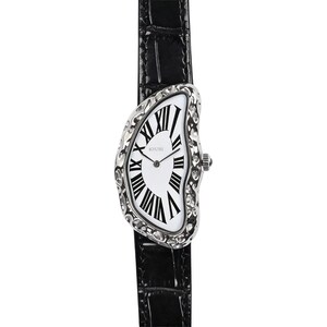 May include: A unique wristwatch with a distorted, melting clock face design. The watch features a white dial with black Roman numerals and a silver-toned bezel. The black leather band adds a classic touch.