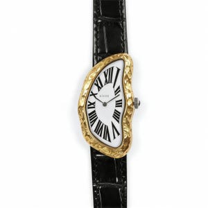 May include: A unique wristwatch with a gold-tone, melting-style case and a white face with black Roman numerals. The watch features the brand name "Kyosi" and is set on a black leather strap.