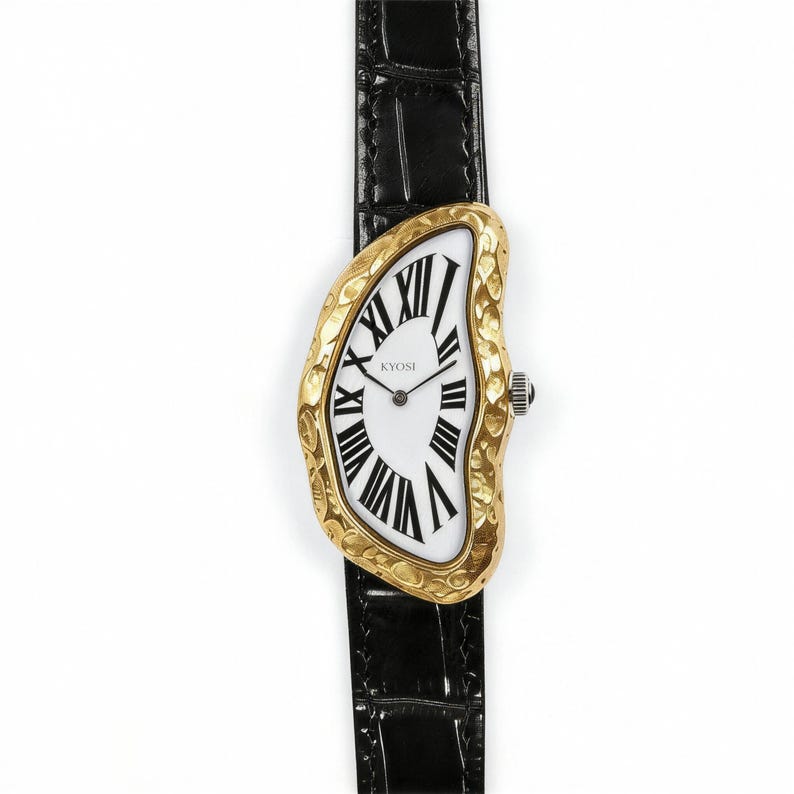 May include: A unique wristwatch with a gold-tone, melting-style case and a white face with black Roman numerals. The watch features the brand name "Kyosi" and is set on a black leather strap.