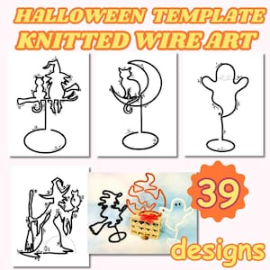 Könnte beinhalten: Halloween-Themenvorlage für Strickdrahtkunst mit verschiedenen Designs, darunter eine Hexe, eine Katze auf einem Mond und ein Geist. Das Bild enthält auch den Text "39 designs" und "Halloween Template Knitted Wire Art".