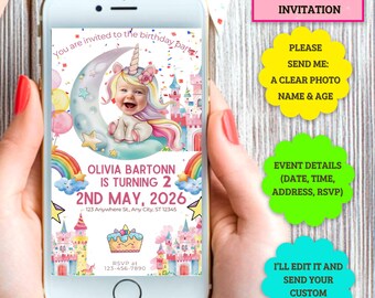 Personalized Unicorn Animated Invitation Custom Video Invite with Face Magical Digital Birthday Party MP4 for Girls