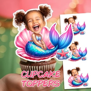 Mermaid Custom Face Cupcake Toppers Personalized Mermaid Face Toppers Baby Girl Photo Cupcake Toppers Mermaid Birthday Under the Sea Party