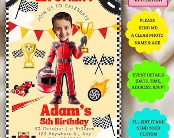 May include: A personalized invitation for a 5th birthday party. The design features a child in a racing suit holding a trophy and helmet, with race car and flag graphics. Text includes "Let's Party" and party details.