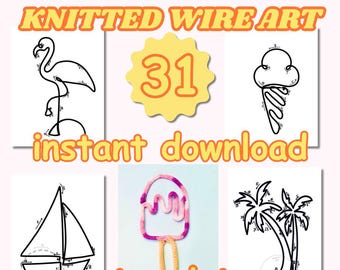 May include: A digital download graphic featuring summer-themed knitted wire art templates. The image includes a flamingo, ice cream cone, sailboat, popsicle, and palm trees. The text reads "Summer Template Knitted Wire Art" and "instant download template". A yellow number 31 is also included.