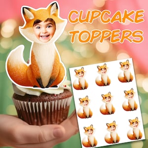Fox Cupcake Toppers: &quot;PERSONALISED FACE TOPPERS&quot; Woodland Party Printable Custom Photo Topper for Kids Birthday Celebration Custom face