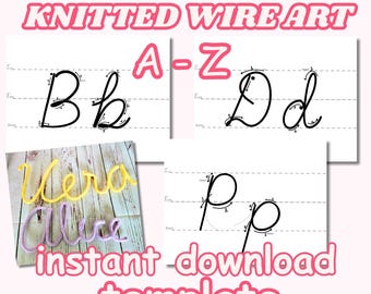 Cursive Alphabet template for knitted wire art: "XL WIRE LETTERS" Monograms Knitted Wire Template 2 Size Letters Wire Template Cursive Font