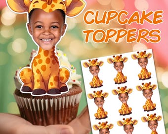 Giraffe Cupcake Toppers: "PERSONALISED FACE TOPPERS" Safari Party Printable Custom Photo Topper for Kids Birthday Celebration Wild Animal