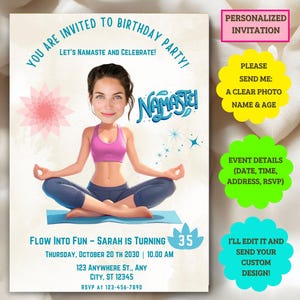 Yoga Party Invitation: &quot;CUSTOM PHOTO DESIGN&quot; Personalized  Birthday Card Zen Theme Meditation & Relax Party Invite Namaste Yoga party Invite
