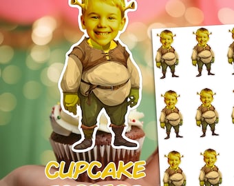 Adornos personalizados para cupcakes con cara de Shrek, adornos de cumpleaños personalizados con dibujos animados, adornos de cumpleaños de superhéroes, adornos de Shrek, adorno de cumpleaños de Shrek