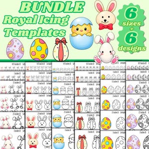 May include: A bundle of Royal Icing Templates for Easter. The image features colorful Easter eggs, bunnies, and chicks. The templates come in 6 sizes and 6 designs. The sizes are 1.9, 2.5, 3.8, 5.1, 6.4, and 7.6 cm high.
