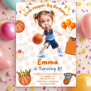 May include: A basketball-themed birthday invitation featuring a cartoon girl dribbling a basketball. The invitation includes the text "Little Hooper, Big Birthday!" and "Emma is Turning 8!" with event details and a basketball graphic.