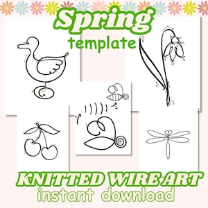 Op de afbeelding: Een printbare set van vijf lente-thema connect-the-dots afbeeldingen. De afbeeldingen omvatten een eend, een bij, een kers, een sneeuwklokje en een libel. De tekst "Spring template" staat bovenaan de pagina. De tekst "KNITTED WIRE ART instant download" staat onderaan de pagina.