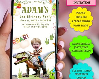 May include: A smartphone displays a personalized animated birthday party invitation for Adam's 3rd birthday. The invitation features a child riding a dinosaur, with event details and a request for a photo and age.