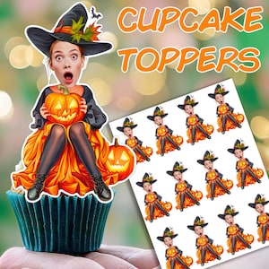 Decorazioni per cupcake a forma di strega: &quot;TOPPER PER FACCE PERSONALIZZATE&quot; Decorazioni personalizzate per Halloween, inviti per feste a forma di strega, decorazioni per compleanni con foto personalizzate