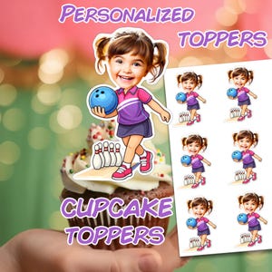 Pode incluir: Toppers de cupcake personalizados com uma ilustração de desenho animado de uma menina segurando uma bola de boliche. A menina está vestindo uma roupa rosa e roxa. A imagem também inclui o texto "Personalized Toppers" e "Cupcake Toppers".