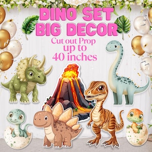 May include: A Dino Set Big Decor party decoration set. The set includes cut-out props of various dinosaurs, a volcano, and text that reads "Cut out Prop up to 40 inches". The color palette includes green, brown, orange, and blue.